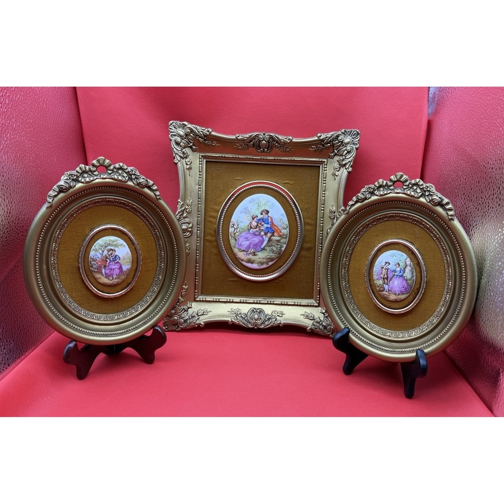 Set Of 3 Vintage Fragonard Cameo Porcelain Plaques Ornate Gold Frames